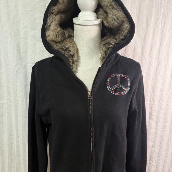 Old Navy Black Vintage Peace Logo Faux Fur Hoodie - Picture 2 of 9